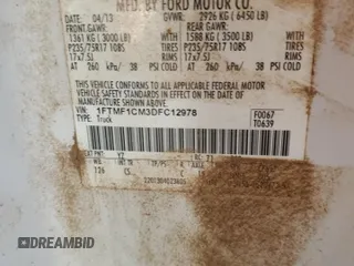2013 Ford F-150 XL with VIN 1FTMF1CM3DFC12978, listed as a Copart auction lot 43283125 with Not provided miles and Salvage title. Bid and sale history available at DreamBid. Image 12.