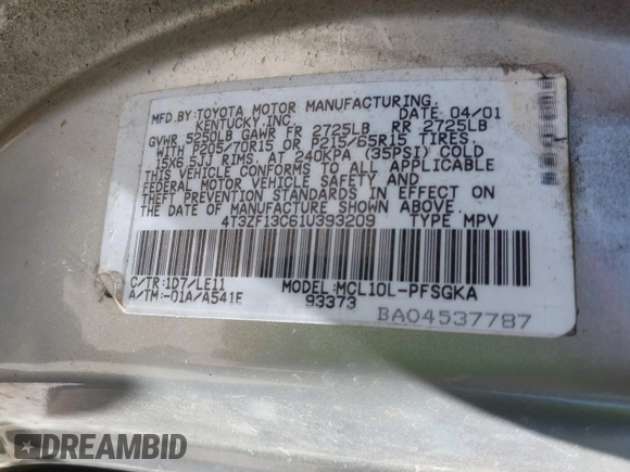 2001 Toyota Sienna LE z VIN 4T3ZF13C61U393209, wystawiony jako IAAI lot #42304583 z przebiegiem 253 662 mil mil oraz . Historia ofert i sprzedaży dostępna na DreamBid. Obrazek 9.