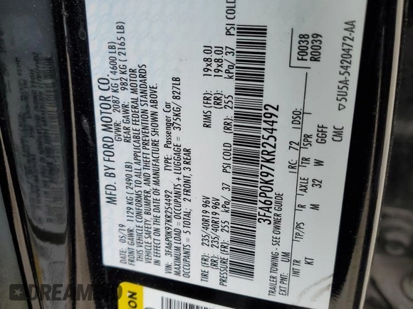 2019 Ford Fusion Titanium with VIN 3FA6P0K97KR254492, listed as a Copart auction lot 54978445 with 99,278 mi miles and Salvage title. Bid and sale history available at DreamBid. Image 12.