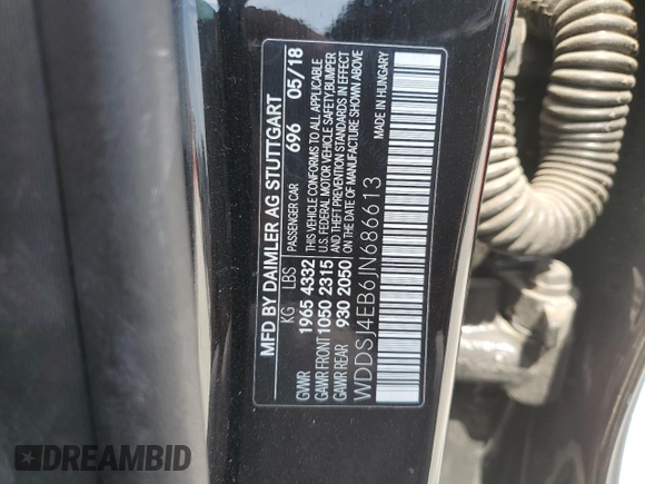 2018 Mercedes-Benz CLA with VIN WDDSJ4EB6JN686613, listed as a Copart auction lot 53536225 with 45,368 mi miles and Salvage Title. Bid and sale history available at carsss.com. Image 12.