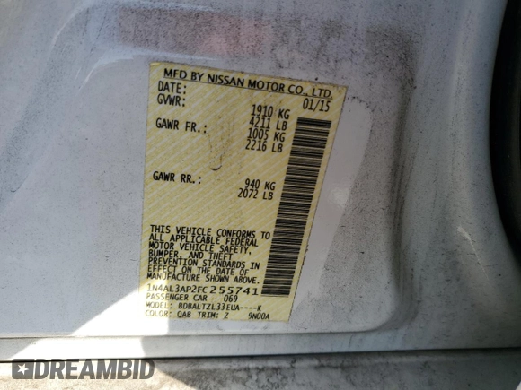 2015 Nissan Altima 2.5 SL with VIN 1N4AL3AP2FC255741, listed as a Copart auction lot 50892755 with 162,616 mi miles and Salvage Title. Bid and sale history available at carsss.com. Image 14.