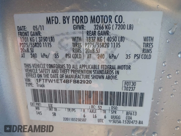 2011 Ford F-150 XLT with VIN 1FTFW1ET4BFB82920, listed as a IAAI auction lot 41213057 with 187,485 mi miles and . Bid and sale history available at carsss.com. Image 9.