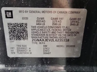 2020 Chevrolet Equinox LT with VIN 2GNAXJEV2L6235318, listed as a IAAI auction lot 42239950 with 73,042 mi miles and . Bid and sale history available at DreamBid. Image 6.