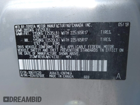 2018 Toyota RAV4 XLE with VIN 2T3WFREV8JW474230, listed as a IAAI auction lot 42687475 with 182,264 mi miles and . Bid and sale history available at DreamBid. Image 9.