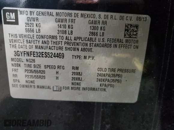 2014 Cadillac SRX Performance Collection with VIN 3GYFNFE32ES524469, listed as a Copart auction lot 46433425 with 79,497 mi miles and Clean title. Bid and sale history available at DreamBid. Image 13.