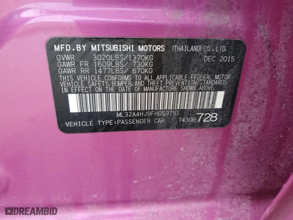 2015 Mitsubishi Mirage ES with VIN ML32A4HJ9FH059751, listed as a Copart auction lot 47486685 with 146390 miles and Salvage Title. Bid and sale history available at carsss.com. Image 13.