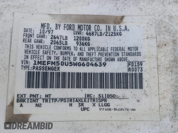 1998 Mercury Sable GS with VIN 1MEFM50U5WG604639, listed as a IAAI auction lot 42206848 with 1,722,258 mi miles and . Bid and sale history available at DreamBid. Image 9.