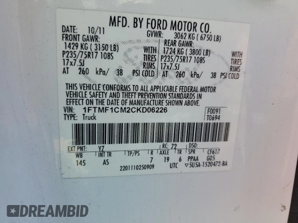 2012 Ford F-150 XL with VIN 1FTMF1CM2CKD06226, listed as a Copart auction lot 46941955 with 188,890 mi miles and Salvage Title. Bid and sale history available at carsss.com. Image 12.
