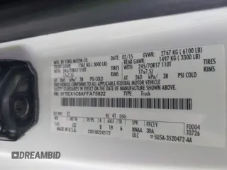 2015 Ford F-150 XL with VIN 1FTEX1C8XFFA75822, listed as a IAAI auction lot 42430498 with 197,181 mi miles and . Bid and sale history available at DreamBid. Image 9.