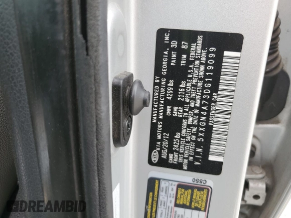 2013 Kia Optima EX with VIN 5XXGN4A73DG119099, listed as a Copart auction lot 62552845 with Not provided miles and Clean title. Bid and sale history available at DreamBid. Image 13.