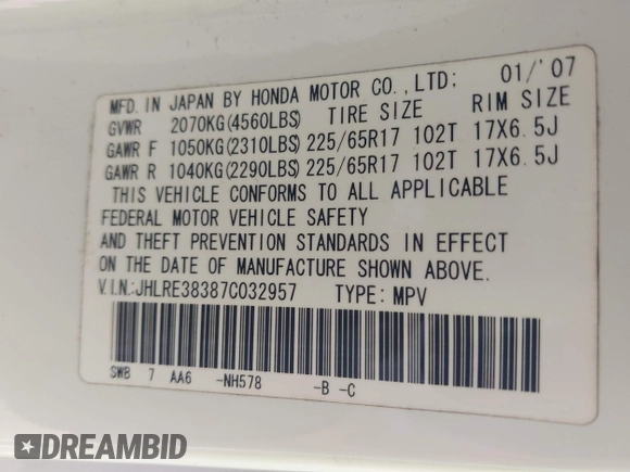 2007 Honda CR-V LX with VIN JHLRE38387C032957, listed as a IAAI auction lot 41936546 with 144,688 mi miles. Bid and sale history available at carsss.com. Image 9.