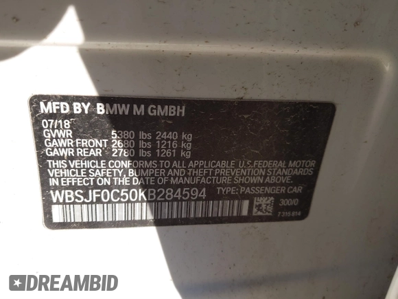 2019 BMW M5 z VIN WBSJF0C50KB284594, wystawiony jako IAAI lot #41410008 z przebiegiem Nie podano mil oraz . Historia ofert i sprzedaży dostępna na DreamBid. Obrazek 9.