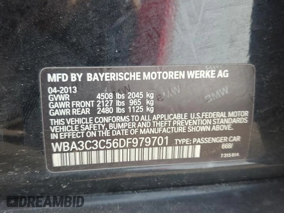 2013 BMW 3 Series 320i xDrive with VIN WBA3C3C56DF979701, listed as a Copart auction lot 64389445 with 226,125 mi miles and Salvage title. Bid and sale history available at DreamBid. Image 12.