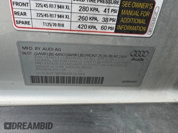 2008 Audi A3 S line z VIN WAUKD78P98A010388, wystawiony jako Copart lot #62168315 z przebiegiem 317 248 mil mil oraz Czysty tytuł • Clean title. Historia ofert i sprzedaży dostępna na DreamBid. Obrazek 10.