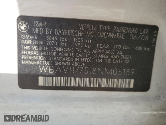 2008 BMW 3 Series 335i with VIN WBAVB77518NM05189, listed as a Copart auction lot 44147355 with 65,560 mi miles and Salvage Title. Bid and sale history available at carsss.com. Image 13.