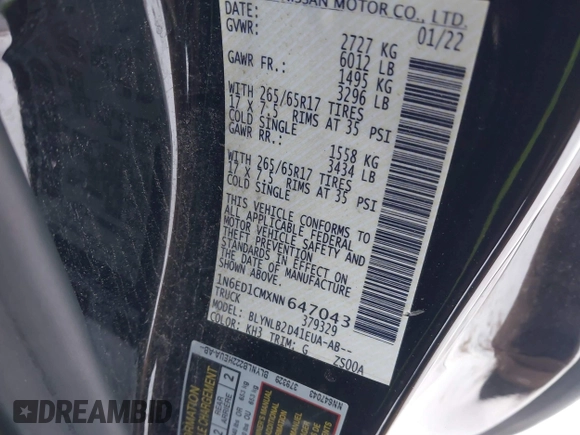 2022 Nissan Frontier S with VIN 1N6ED1CMXNN647043, listed as a IAAI auction lot 41410487 with 20,463 mi miles and . Bid and sale history available at DreamBid. Image 9.
