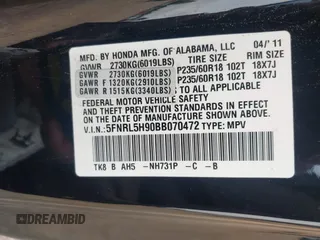 2011 Honda Odyssey Touring with VIN 5FNRL5H90BB070472, listed as a IAAI auction lot 42367710 with 203,589 mi miles and . Bid and sale history available at DreamBid. Image 9.