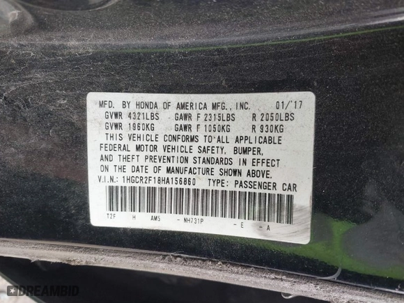 2017 Honda Accord Sedan Sport SE with VIN 1HGCR2F18HA156860, listed as a IAAI auction lot 41770378 with 135,981 mi miles. Bid and sale history available at carsss.com. Image 9.