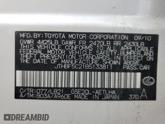 2011 Lexus IS 250 с VIN JTHBF5C21B5133811, выставлен на аукционе Copart как лот 51544715 с пробегом 101 985 миль миль и Списание • Salvage title. История ставок и продаж доступна на DreamBid. Изображение 12.