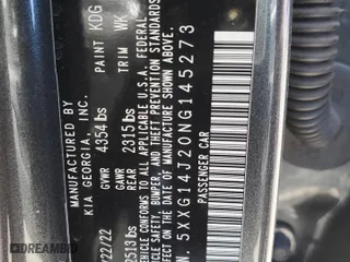 2022 Kia K5 LXS with VIN 5XXG14J20NG145273, listed as a Copart auction lot 88971485 with 40,021 mi miles and Salvage Title. Bid and sale history available at carsss.com. Image 14.