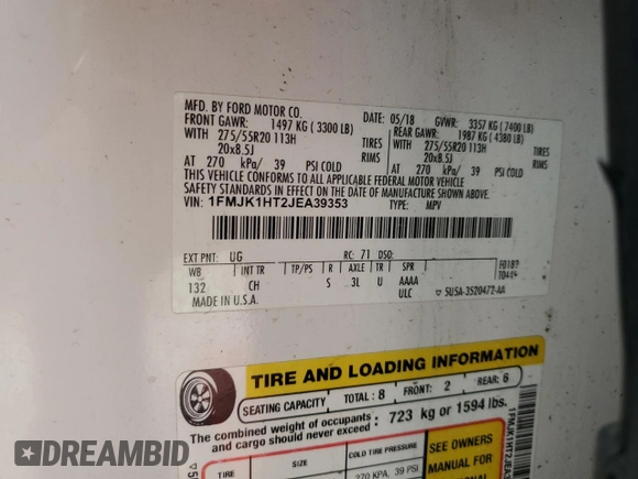 2018 Ford Expedition Max XLT with VIN 1FMJK1HT2JEA39353, listed as a Copart auction lot 82905254 with Not provided miles and Salvage title. Bid and sale history available at DreamBid. Image 13.
