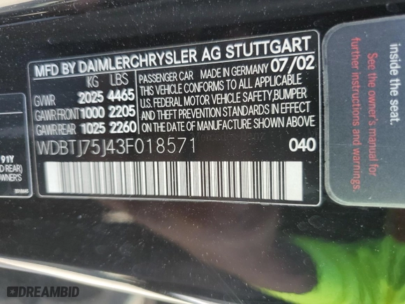 2003 Mercedes-Benz CLK-Class 5.0L with VIN WDBTJ75J43F018571, listed as a Copart auction lot 72736304 with 125,780 mi miles and Salvage Title. Bid and sale history available at carsss.com. Image 13.
