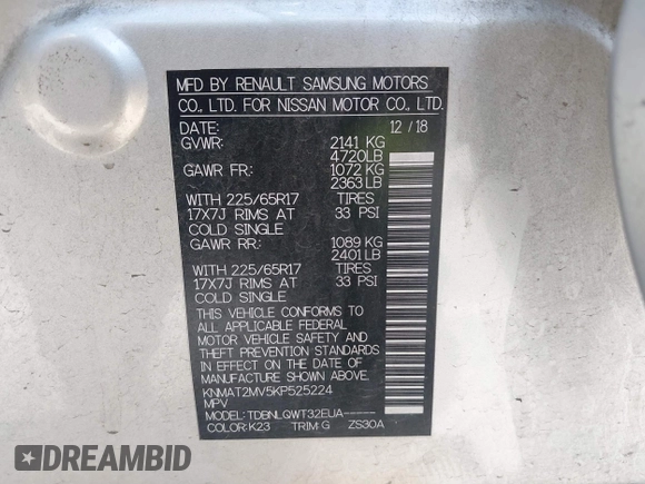 2019 Nissan Rogue SV with VIN KNMAT2MV5KP525224, listed as a IAAI auction lot 41892874 with 82,650 mi miles and . Bid and sale history available at DreamBid. Image 9.