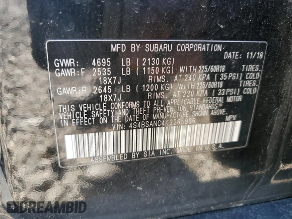 2019 Subaru Outback Limited with VIN 4S4BSANC4K3265996, listed as a Copart auction lot 53359095 with Not provided miles and Salvage title. Bid and sale history available at DreamBid. Image 16.