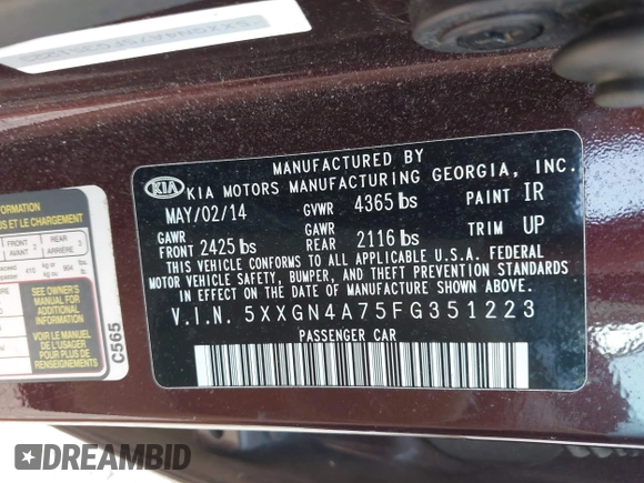 2015 Kia Optima EX with VIN 5XXGN4A75FG351223, listed as a IAAI auction lot 42732567 with 124,400 mi miles and . Bid and sale history available at DreamBid. Image 9.