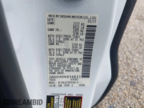 2023 Nissan Frontier S with VIN 1N6ED1CM3PN634833, listed as a IAAI auction lot 42139230 with 65,856 mi miles and . Bid and sale history available at DreamBid. Image 9.
