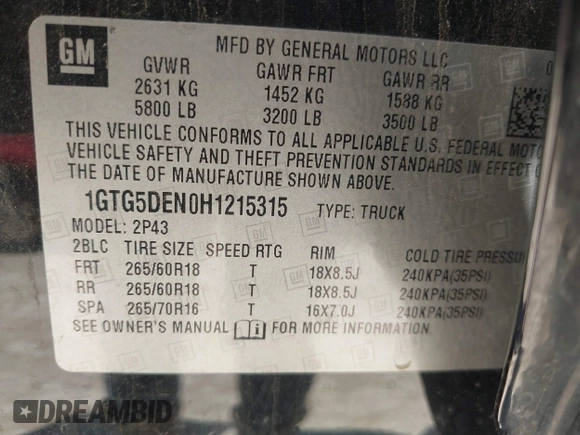 2017 GMC Canyon 2WD SLT z VIN 1GTG5DEN0H1215315, wystawiony jako IAAI lot #42247267 z przebiegiem 132 509 mil mil oraz . Historia ofert i sprzedaży dostępna na DreamBid. Obrazek 9.