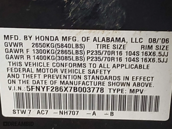 2007 Honda Pilot EX-L with VIN 5FNYF286X7B003778, listed as a IAAI auction lot 41390885 with 240,316 mi miles. Bid and sale history available at carsss.com. Image 9.
