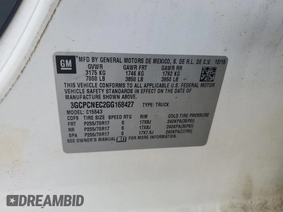 2016 Chevrolet Silverado 1500 LS with VIN 3GCPCNEC2GG168427, listed as a Copart auction lot 52336915 with 220,078 mi miles and Clean Title. Bid and sale history available at DreamBid. Image 12.