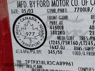 2003 Ford F-150 XL with VIN 2FTPX18LX3CA89961, listed as a IAAI auction lot 41901357 with 199,708 mi miles. Bid and sale history available at carsss.com. Image 9.