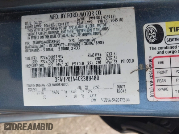 2012 Ford Fusion SEL with VIN 3FAHP0JA4CR388480, listed as a IAAI auction lot 42423303 with 132,889 mi miles and . Bid and sale history available at DreamBid. Image 9.