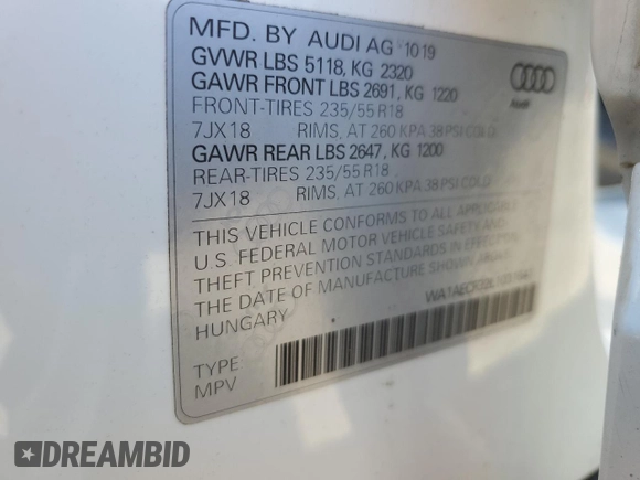 2020 Audi Q3 Premium with VIN WA1AECF32L1031641, listed as a Copart auction lot 60266275 with 43,730 mi miles and Salvage title. Bid and sale history available at DreamBid. Image 13.