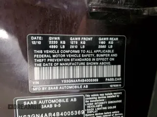 2011 Saab 9-5 Turbo4 with VIN YS3GN4AR4B4005369, listed as a Copart auction lot 41819525 with 179,580 mi miles and Clean Title. Bid and sale history available at carsss.com. Image 12.