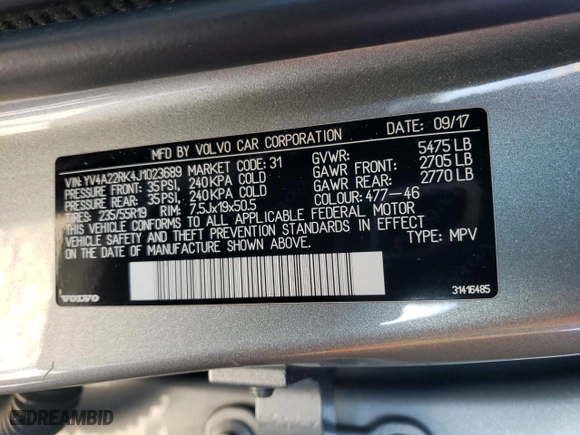 2018 Volvo XC60 Momentum with VIN YV4A22RK4J1023689, listed as a Copart auction lot 42151805 with 114,341 mi miles and Salvage Title. Bid and sale history available at carsss.com. Image 13.