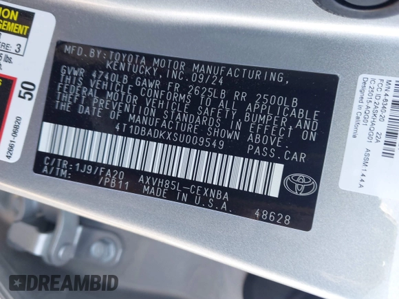 2025 Toyota Camry LE z VIN 4T1DBADKXSU009549, wystawiony jako IAAI lot #41366328 z przebiegiem 1 512 mil mil oraz . Historia ofert i sprzedaży dostępna na DreamBid. Obrazek 9.