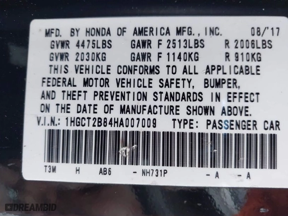 2017 Honda Accord Coupe EX-L V6 with VIN 1HGCT2B84HA007009, listed as a IAAI auction lot 41073715 with 114,869 mi miles. Bid and sale history available at carsss.com. Image 9.