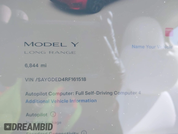2024 Tesla Model Y z VIN 7SAYGDED4RF161518, wystawiony jako IAAI lot #41682252 z przebiegiem 6 844 mil mil oraz . Historia ofert i sprzedaży dostępna na DreamBid. Obrazek 7.