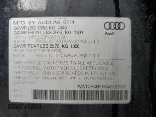 2015 Audi Q5 Premium with VIN WA1CFAFP7FA022726, listed as a Copart auction lot 59786235 with Not provided miles and Clean title. Bid and sale history available at DreamBid. Image 13.