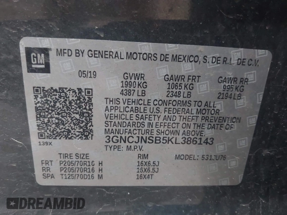 2019 Chevrolet Trax LS with VIN 3GNCJNSB5KL386143, listed as a IAAI auction lot 41848085 with 78,680 mi miles and . Bid and sale history available at DreamBid. Image 9.