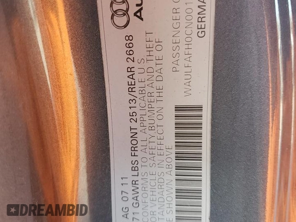 2012 Audi A5 Premium Plus с VIN WAULFAFH0CN001281, выставлен на аукционе Copart как лот 42715965 с пробегом 141 212 миль миль и Списание • Salvage title. История ставок и продаж доступна на DreamBid. Изображение 12.