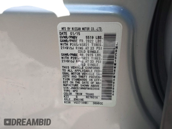 2015 Infiniti QX70 with VIN JN8CS1MW6FM482894, listed as a IAAI auction lot 41671236 with 106,599 mi miles and . Bid and sale history available at DreamBid. Image 9.