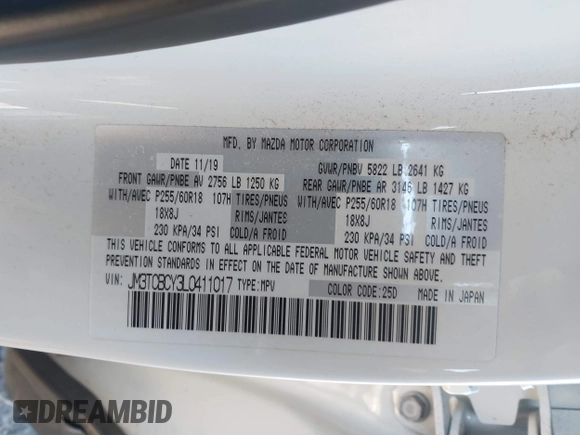2020 Mazda CX-9 Touring with VIN JM3TCBCY3L0411017, listed as a IAAI auction lot 41392138 with 53,017 mi miles. Bid and sale history available at carsss.com. Image 9.