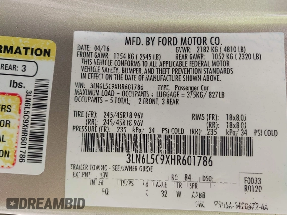 2017 Lincoln MKZ Select with VIN 3LN6L5C9XHR601786, listed as a IAAI auction lot 42286607 with 80,993 mi miles and . Bid and sale history available at DreamBid. Image 9.