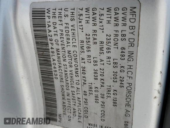 2009 Porsche Cayenne with VIN WP1AA29P49LA04530, listed as a Copart auction lot 57804745 with Not provided miles and Clean title. Bid and sale history available at DreamBid. Image 13.