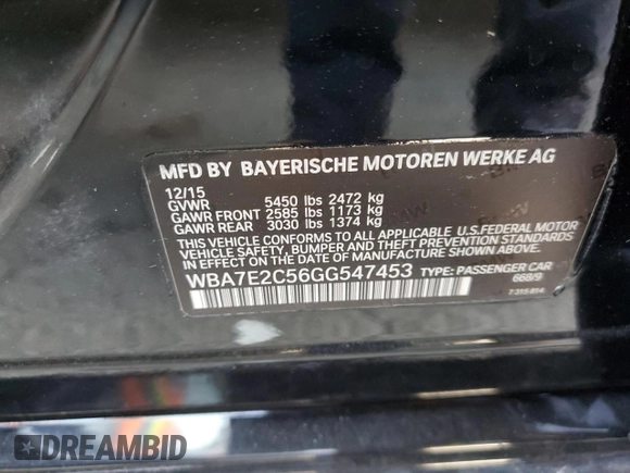 2016 BMW 7 Series 740i with VIN WBA7E2C56GG547453, listed as a Copart auction lot 67875632 with 92,588 mi miles. Bid and sale history available at carsss.com. Image 12.