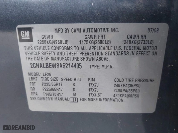 2010 Chevrolet Equinox LS with VIN 2CNALBEW8A6214405, listed as a IAAI auction lot 41776456 with 246,276 mi miles. Bid and sale history available at carsss.com. Image 9.